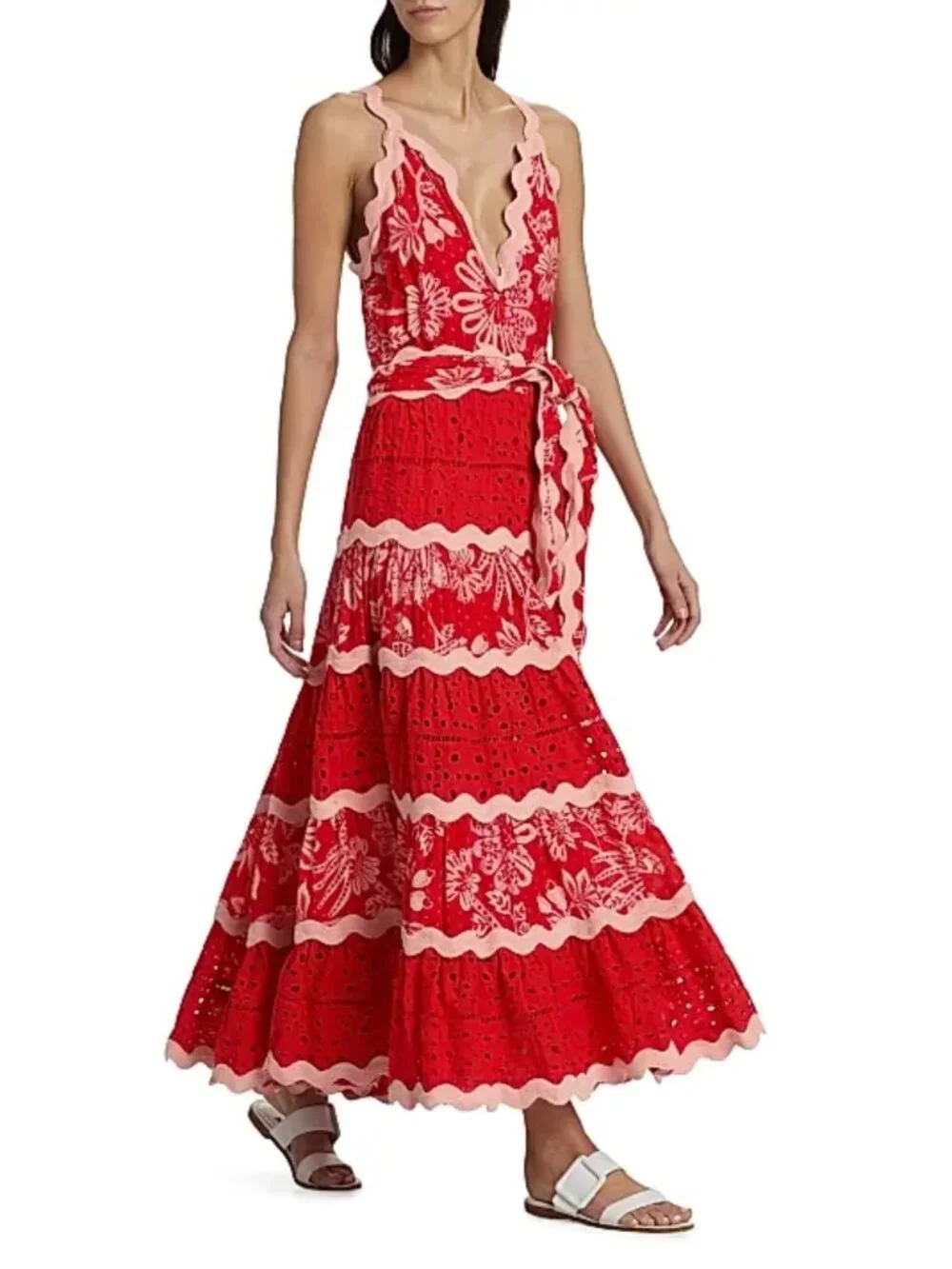 FARM RIO Flowerful Birds Maxi Dress XL NWT Red Pink Eyelet Lace V-Neck Plunge - Picture 2 of 13